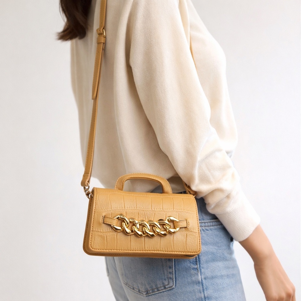 Chain Accent Mini Top Handle Crossbody Bag Tan, NWOT